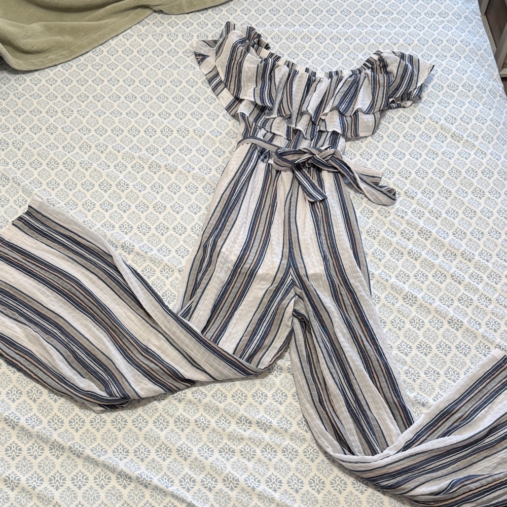 Forever 21 Blue and Cream Striped Jumpsuit
